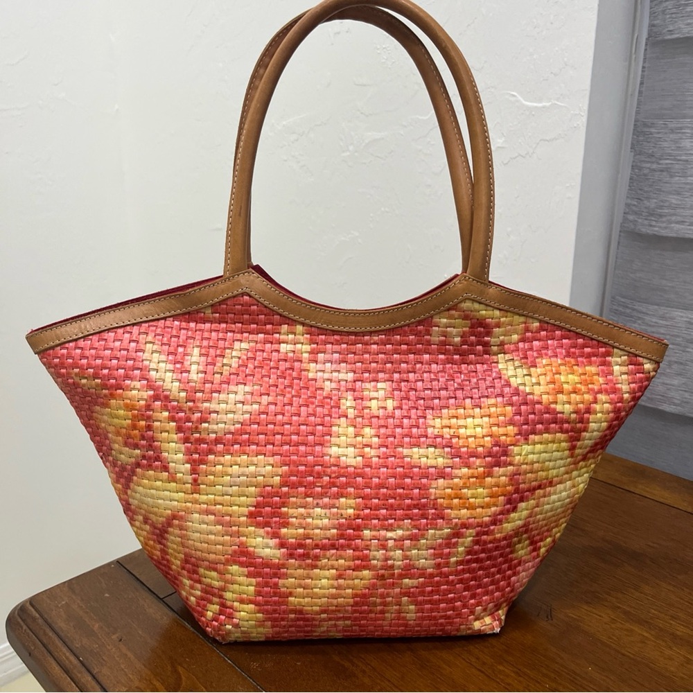 Nordstrom Tote Bag Womens Medium Pink Orange‎  Woven Made In Italy Leather Trim